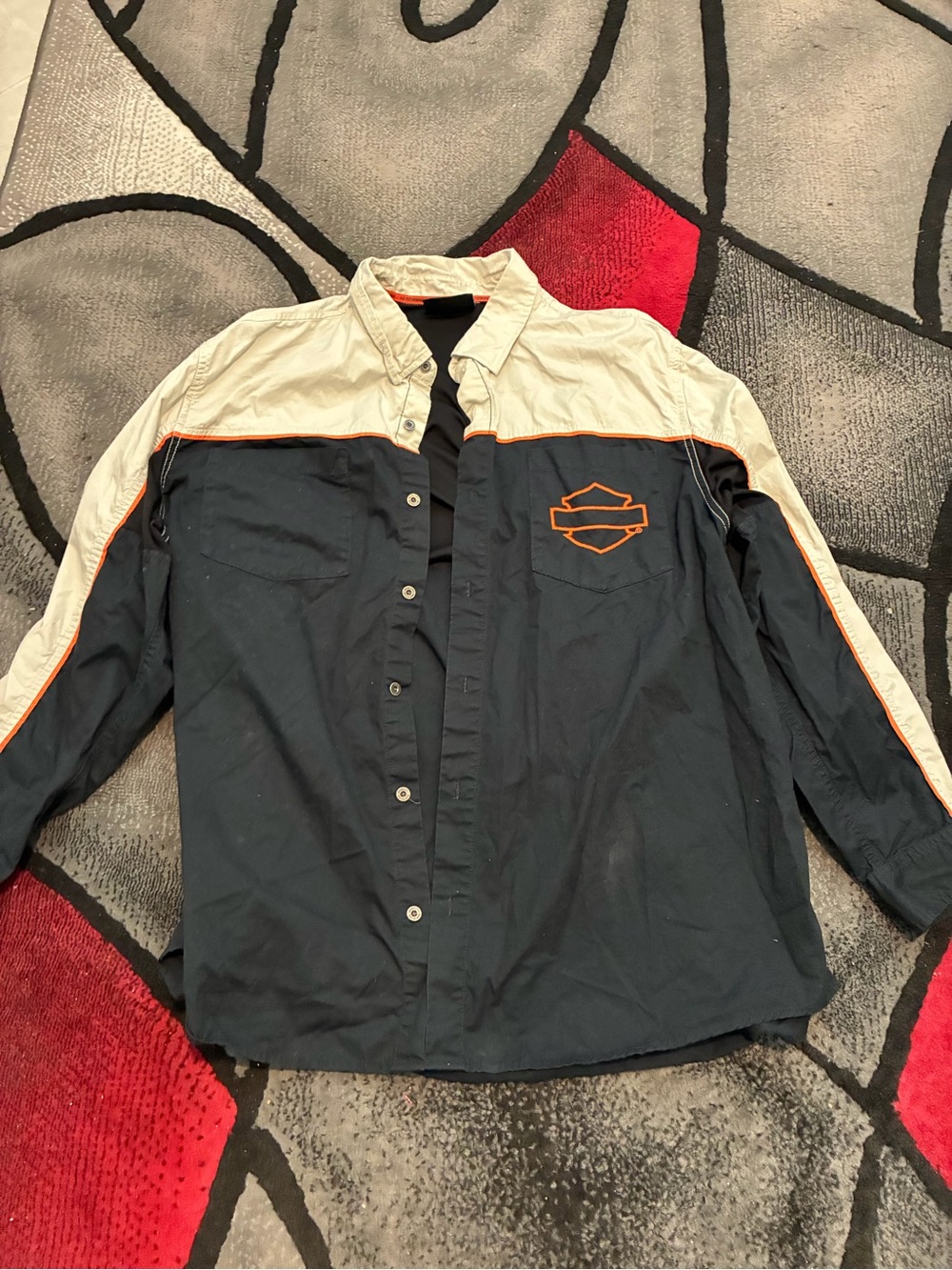 Harley-Davidson Black and Cream Button-Front Riding Shirt with Orange Trim
